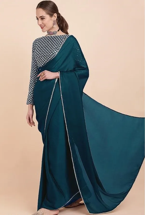 Petrol_Green_Satin_Silk_Saree_For_Women_With_Blouse_Piece