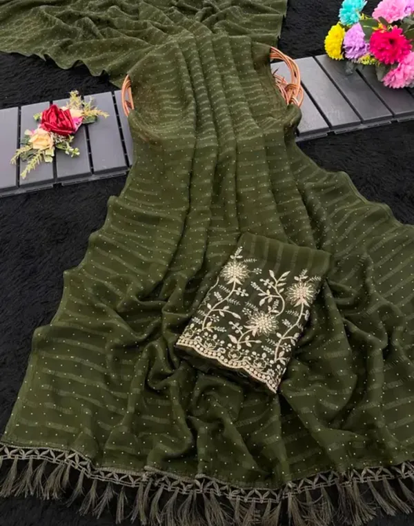 Mehendi_Georgette_Solid_Saree_For_Women_With_Unstitched_Blouse