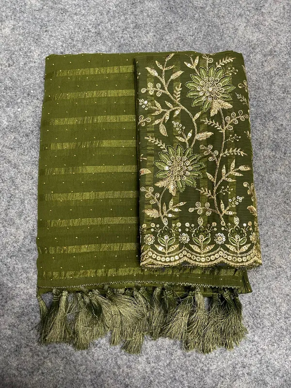 Mehendi_Georgette_Solid_Saree_For_Women_With_Unstitched_Blouse