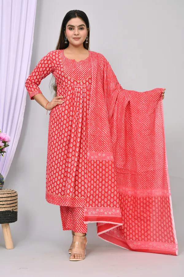Red_Cotton_Blend_Printed_Regular_Kurta_&_Pant_Dupatta_Set_For_Women