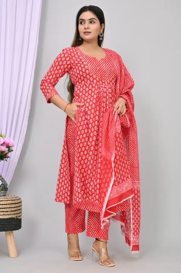 Red_Cotton_Blend_Printed_Regular_Kurta_&_Pant_Dupatta_Set_For_Women