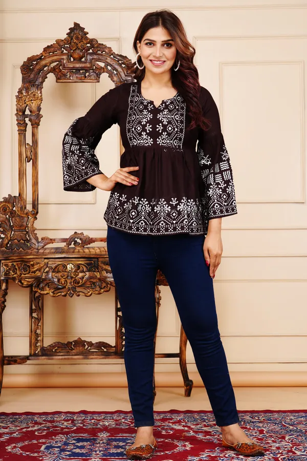 Brown_Pure_Cotton_Floral_Print_Regular_Top_For_Women