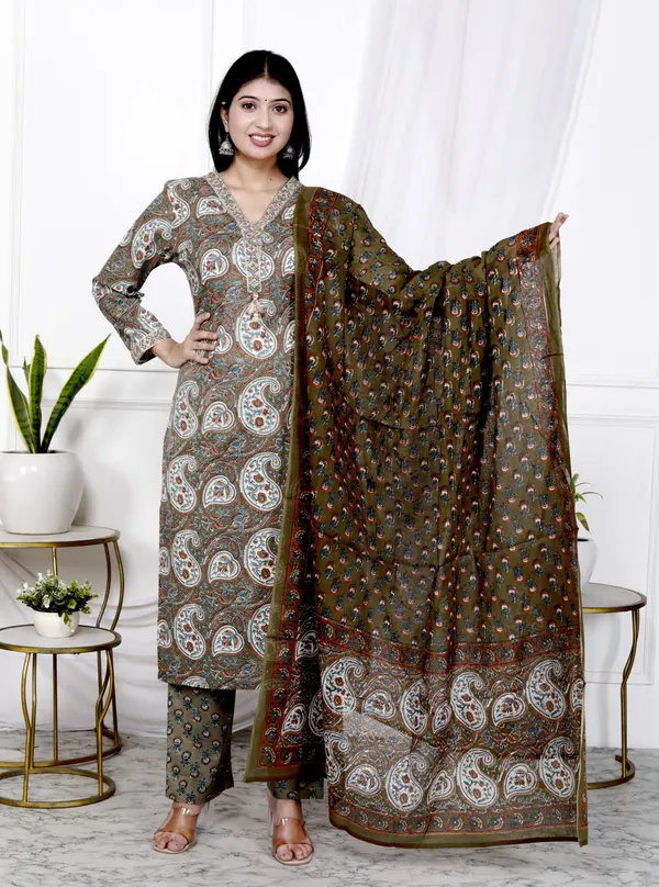 Grey_Pure_Cotton_Printed_&_Floral_Print_Regular_Kurta_&_Palazzo_Dupatta_Set_For_Women