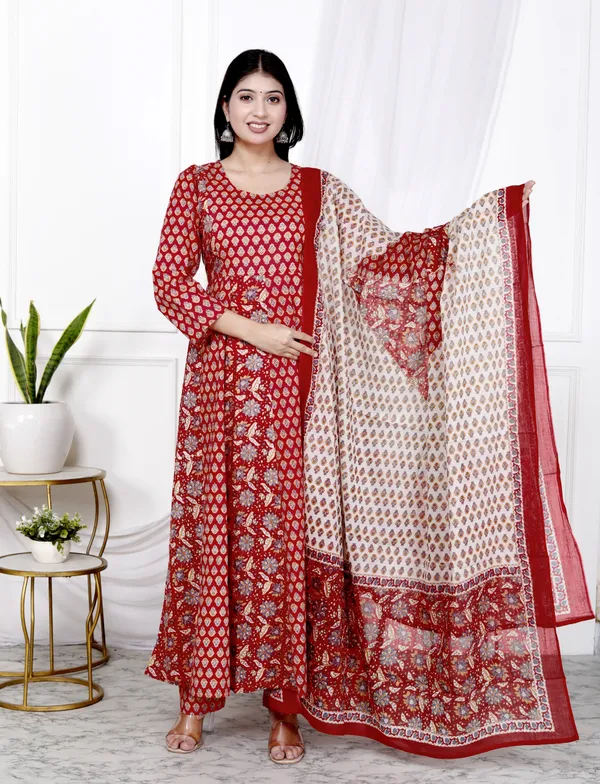 Red_Pure_Cotton_Printed_&_Floral_Print_Regular_Kurta_&_Palazzo_Dupatta_Set_For_Women