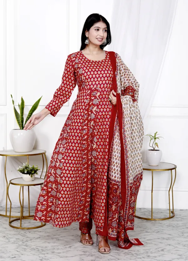 Red_Pure_Cotton_Printed_&_Floral_Print_Regular_Kurta_&_Palazzo_Dupatta_Set_For_Women