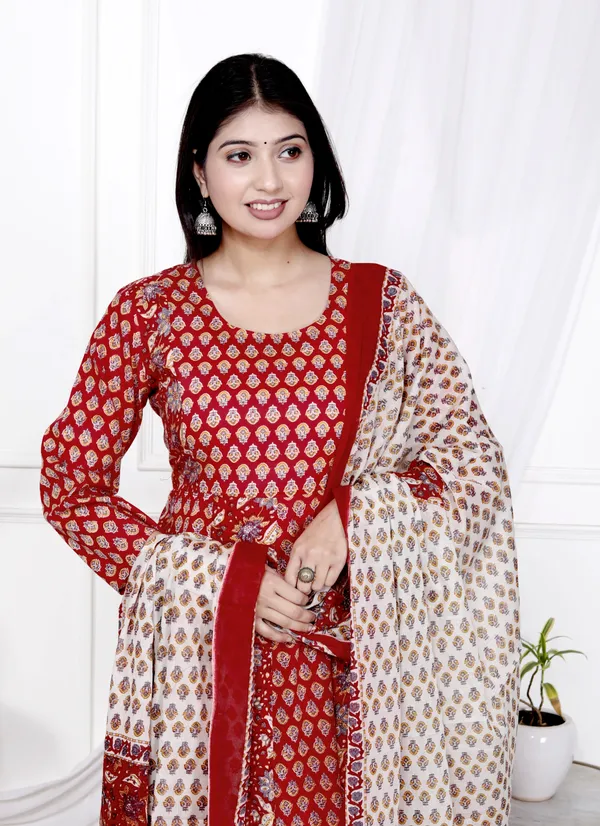 Red_Pure_Cotton_Printed_&_Floral_Print_Regular_Kurta_&_Palazzo_Dupatta_Set_For_Women