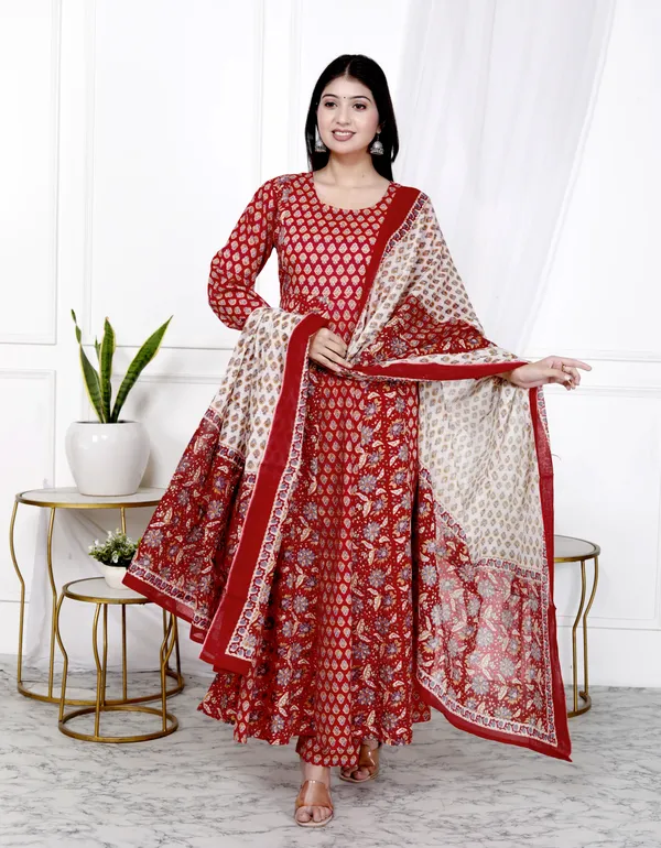 Red_Pure_Cotton_Printed_&_Floral_Print_Regular_Kurta_&_Palazzo_Dupatta_Set_For_Women