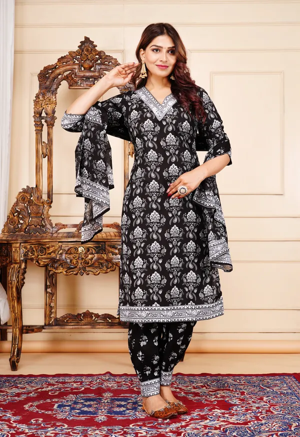 Black_Pure_Cotton_Self_Design_Regular_Kurta_Palazo_Dupatta_Set_For_Women