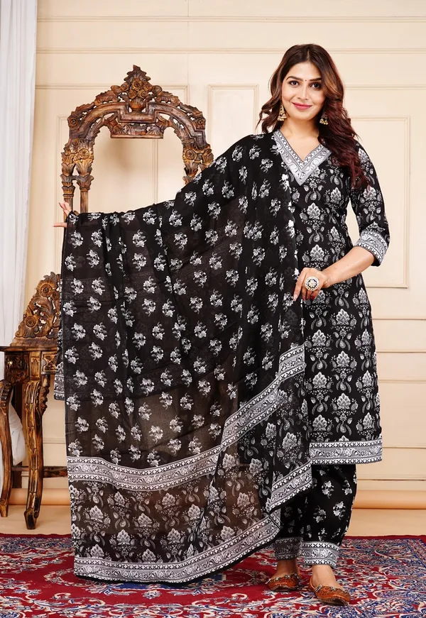 Black_Pure_Cotton_Self_Design_Regular_Kurta_Palazo_Dupatta_Set_For_Women
