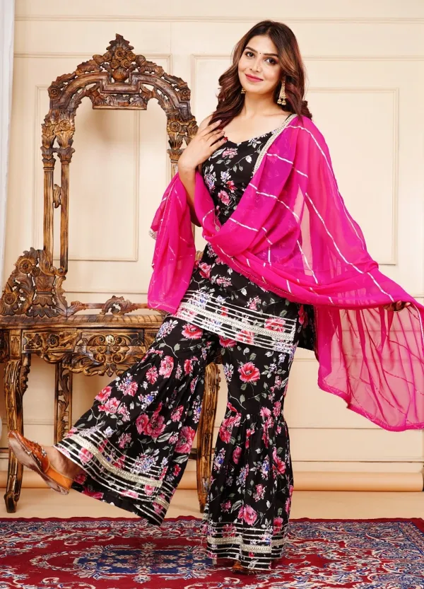 Black_Pure_Cotton_Self_Design_Regular_Kurta_&_Sharara_Set_For_Women