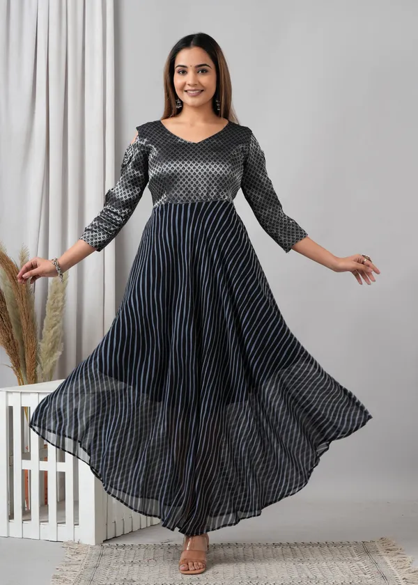 Blue_&_Black_&_Silver_Silk_Striped_Casual_A-Line_Dress_For_Women