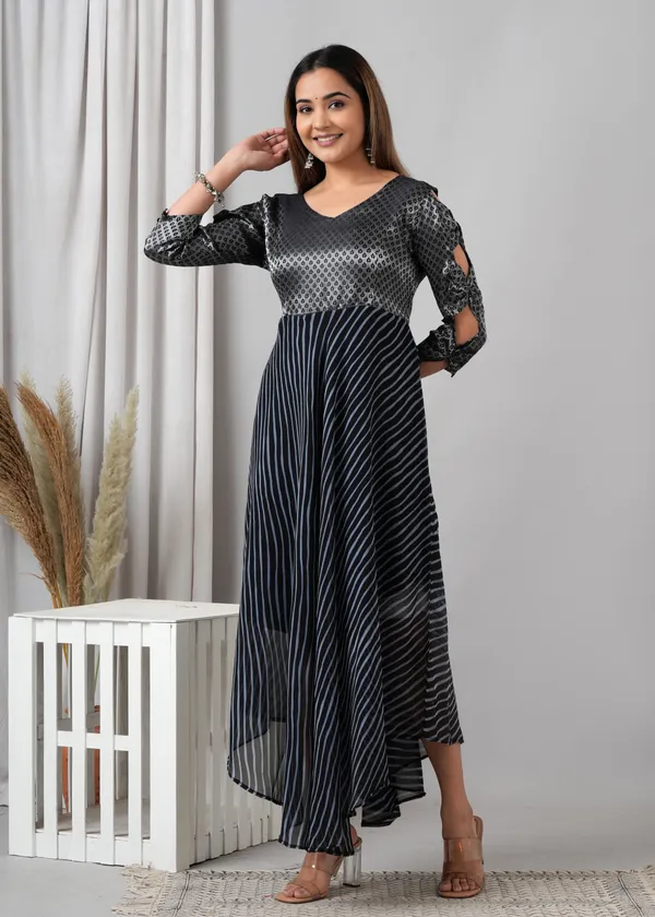 Blue_&_Black_&_Silver_Silk_Striped_Casual_A-Line_Dress_For_Women