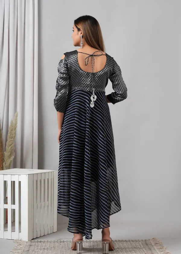 Blue_&_Black_&_Silver_Silk_Striped_Casual_A-Line_Dress_For_Women