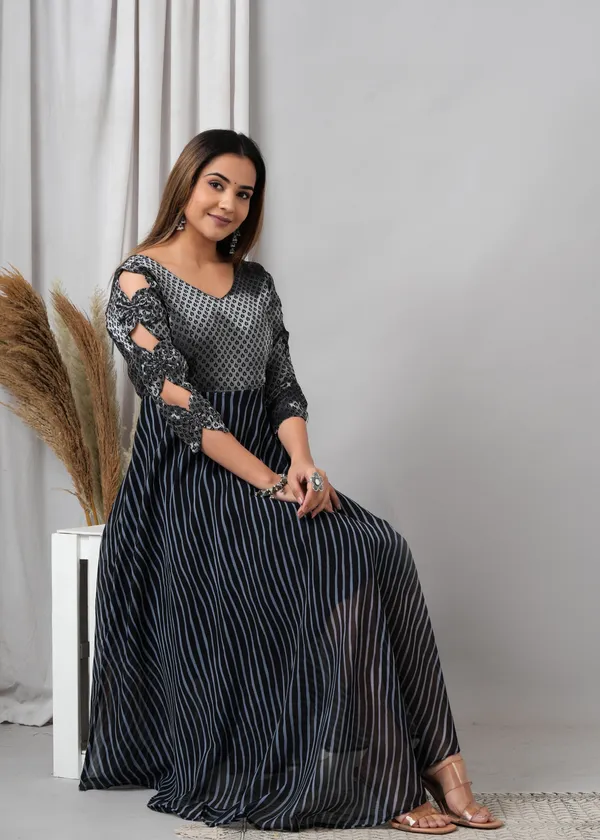 Blue_&_Black_&_Silver_Silk_Striped_Casual_A-Line_Dress_For_Women