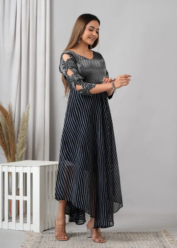 Blue_&_Black_&_Silver_Silk_Striped_Casual_A-Line_Dress_For_Women