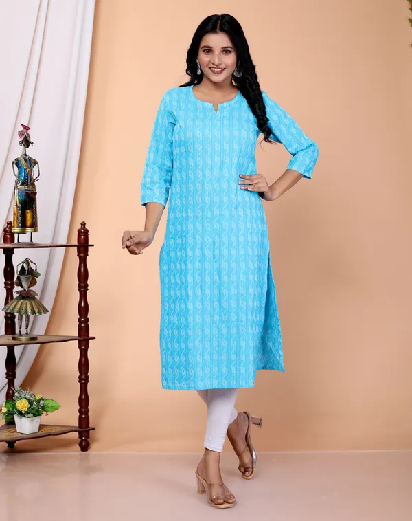 Light_Blue_Cotton_Rayon_Floral_Print_Regular_Kurta_For_Women