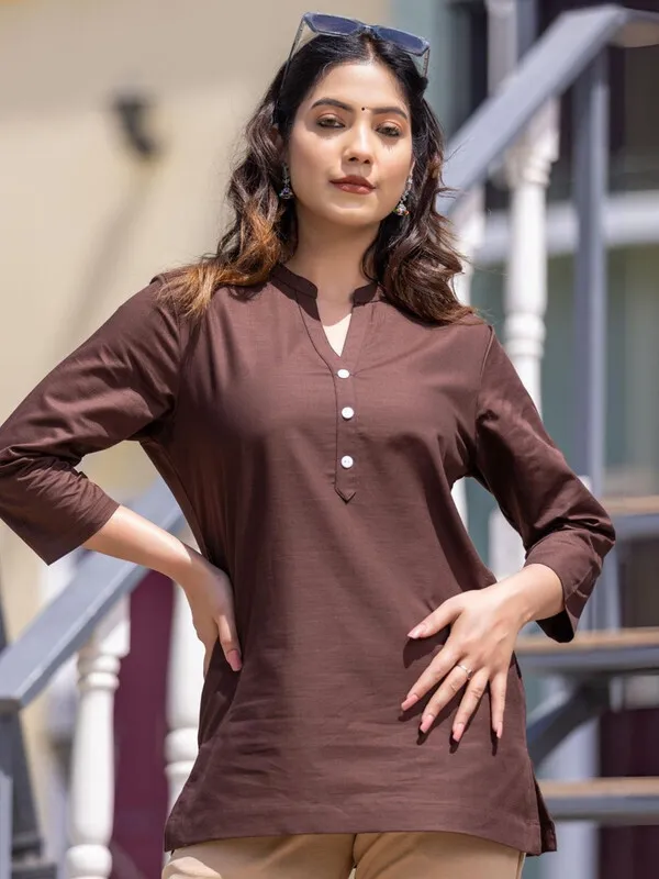 Brown_Cotton_Rayon_Self_Design_Regular_Top_For_Women
