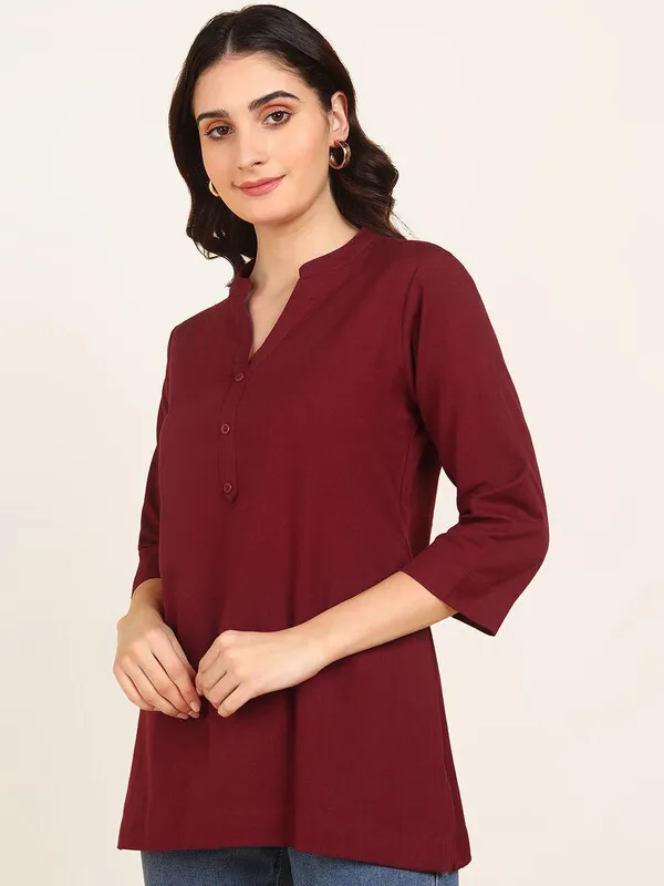 Maroon_Cotton_Rayon_Self_Design_Top_For_Women