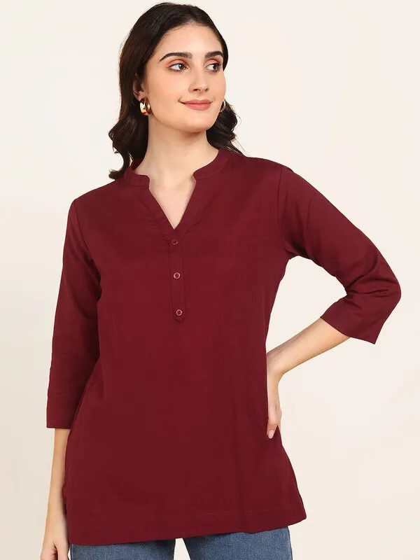 Red_Cotton_Rayon_Self_Design_Regular_Top_For_Women