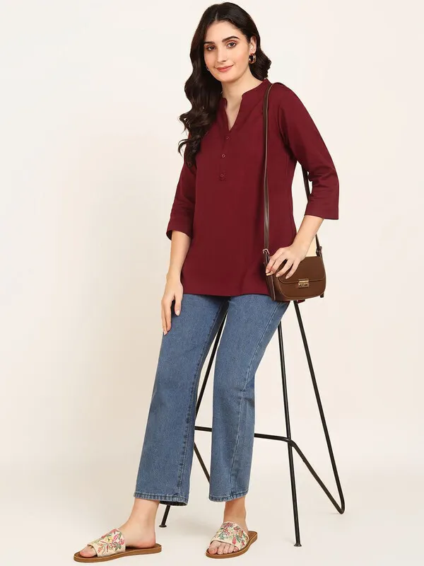 Red_Cotton_Rayon_Self_Design_Regular_Top_For_Women