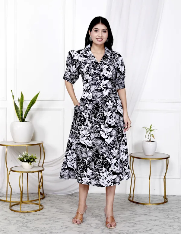 Black_Pure_Cotton_Floral_Print_Casual_Ethnic_Dress_For_Women