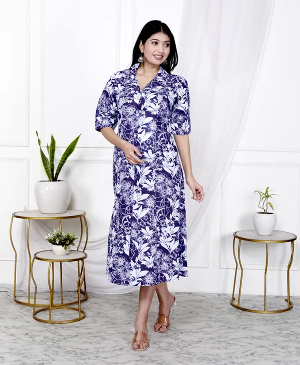 Blue_Pure_Cotton_Floral_Print_Casual_Ethnic_Dress_For_Women