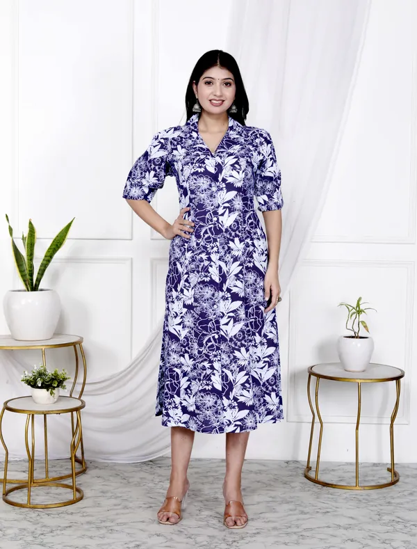 Blue_Pure_Cotton_Floral_Print_Casual_Ethnic_Dress_For_Women