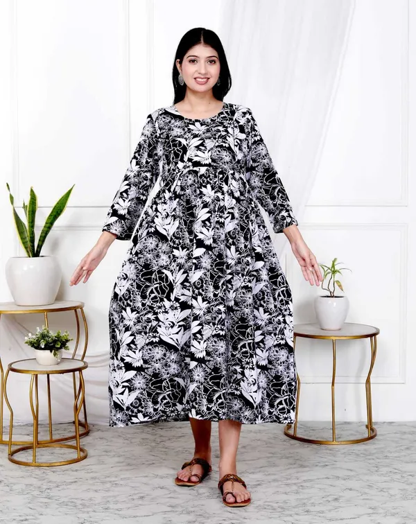 Black_Pure_Cotton_Self_Design_Regular_Gown_For_Women