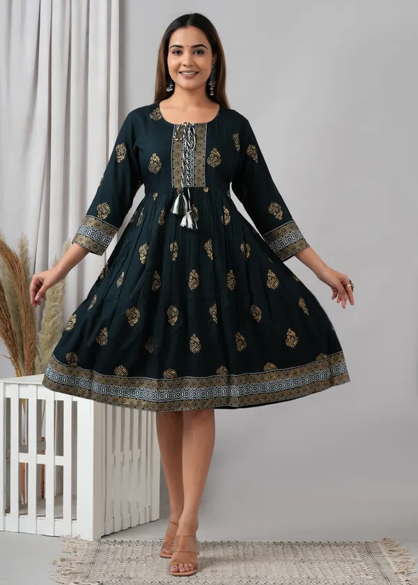 Dark_Green_&_Beige_&_White_Viscose_Rayon_Printed_Casual_A-Line_Dress_For_Women