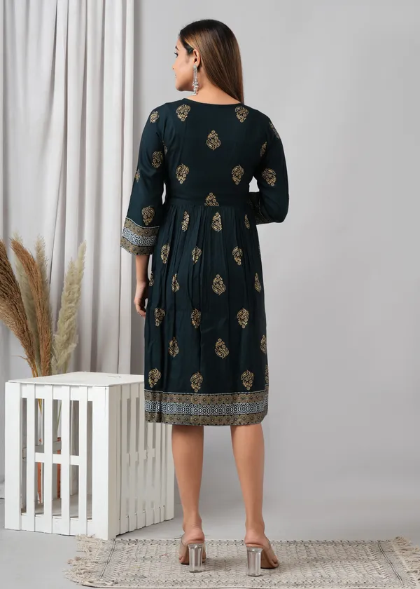 Dark_Green_&_Beige_&_White_Viscose_Rayon_Printed_Casual_A-Line_Dress_For_Women