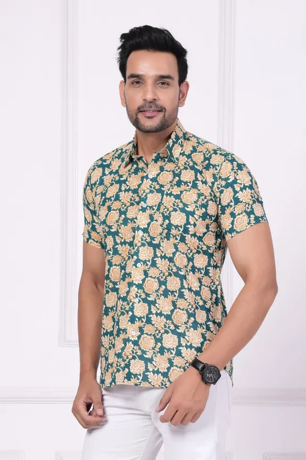 Dark_Green_&_Yellow_&_White_Cotton_Stylish_Half_Sleeve_Shirt_For_Men