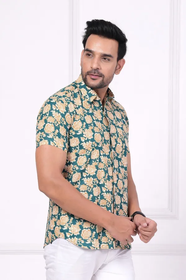 Dark_Green_&_Yellow_&_White_Cotton_Stylish_Half_Sleeve_Shirt_For_Men
