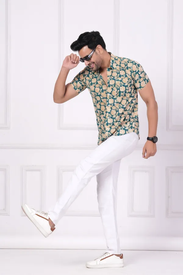 Dark_Green_&_Yellow_&_White_Cotton_Stylish_Half_Sleeve_Shirt_For_Men