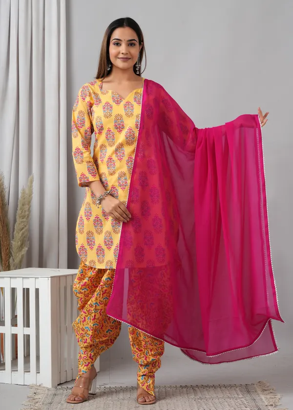 Yellow_Pure_Cotton_Printed_Regular_Kurta_&_Palazzo_Dupatta_Set_For_Women
