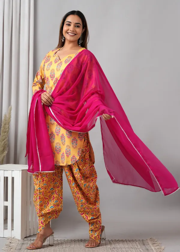 Yellow_Pure_Cotton_Printed_Regular_Kurta_&_Palazzo_Dupatta_Set_For_Women