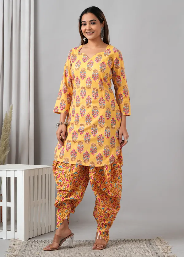 Yellow_Pure_Cotton_Printed_Regular_Kurta_&_Palazzo_Dupatta_Set_For_Women