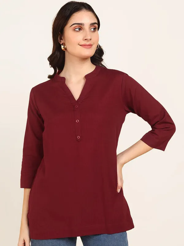 Maroon_Cotton_Rayon_Self_Design_Regular_Top_For_Women