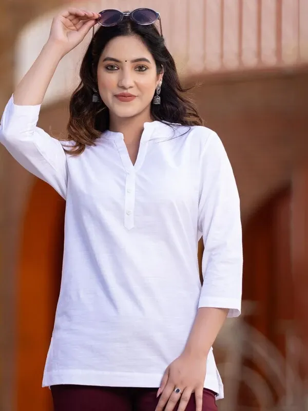 White_Cotton_Rayon_Self_Design_Regular_Top_For_Women