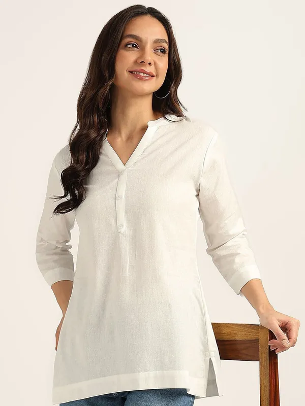 White_Cotton_Rayon_Self_Design_Regular_Top_For_Women
