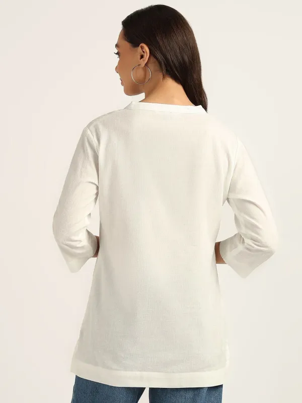 White_Cotton_Rayon_Self_Design_Regular_Top_For_Women