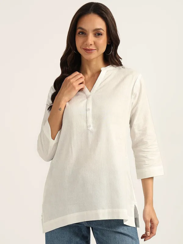 White_Cotton_Rayon_Self_Design_Regular_Top_For_Women
