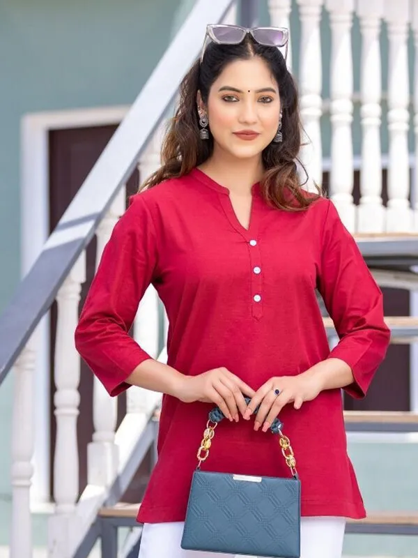 Red_Cotton_Rayon_Self_Design_Regular_Top_For_Women