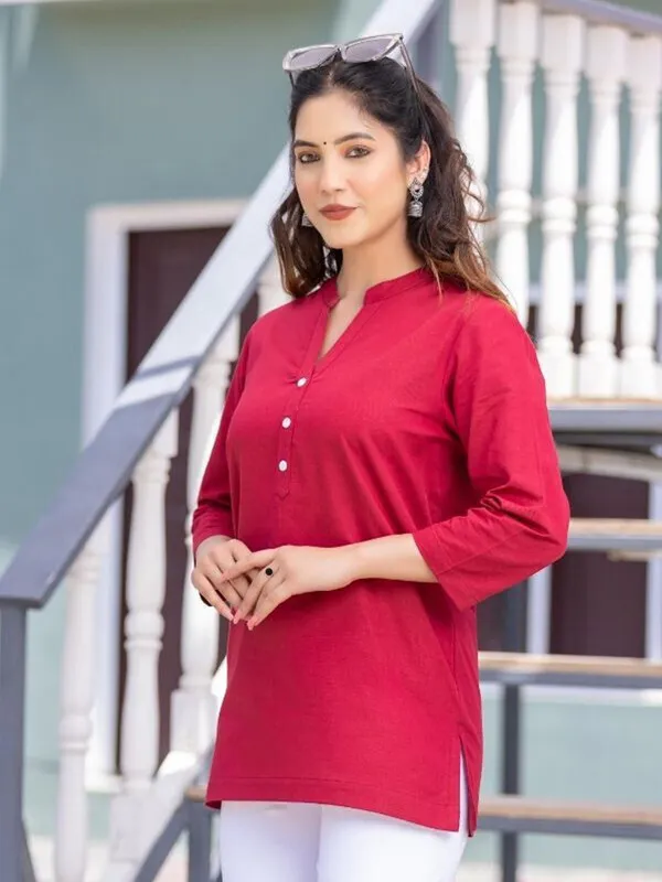 Red_Cotton_Rayon_Self_Design_Regular_Top_For_Women