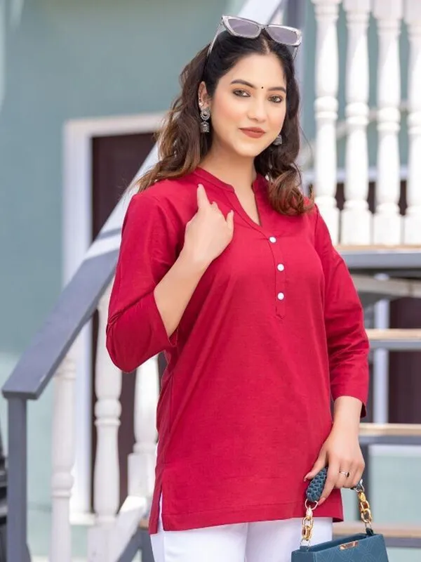 Red_Cotton_Rayon_Self_Design_Regular_Top_For_Women