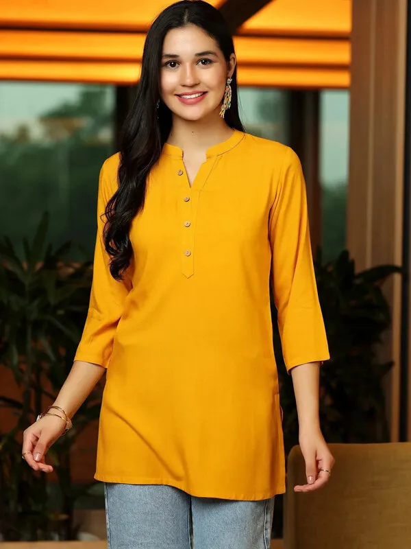 Yellow_Cotton_Rayon_Self_Design_Regular_Top_For_Women