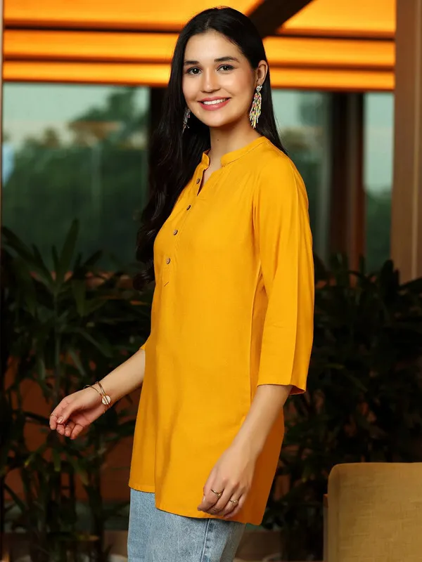 Yellow_Cotton_Rayon_Self_Design_Regular_Top_For_Women