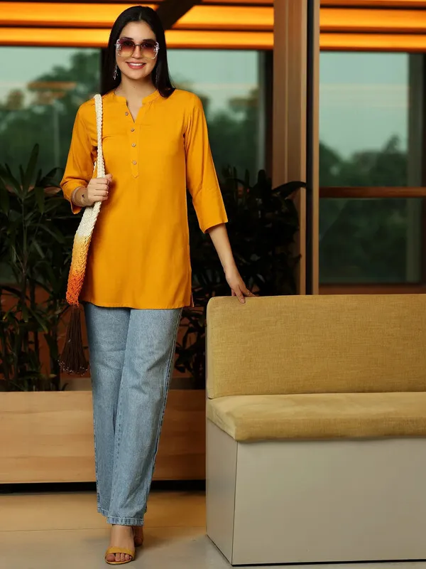 Yellow_Cotton_Rayon_Self_Design_Regular_Top_For_Women