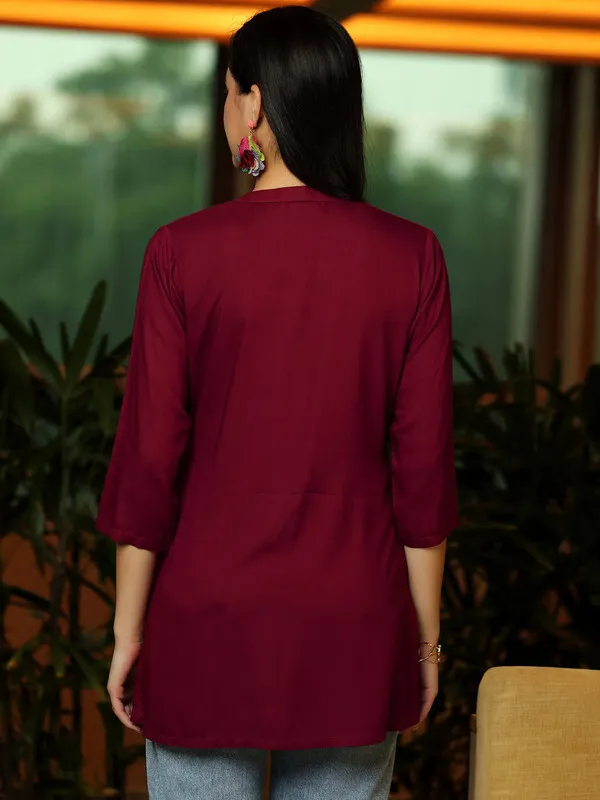 Maroon_Cotton_Rayon_Self_Design_Regular_Top_For_Women