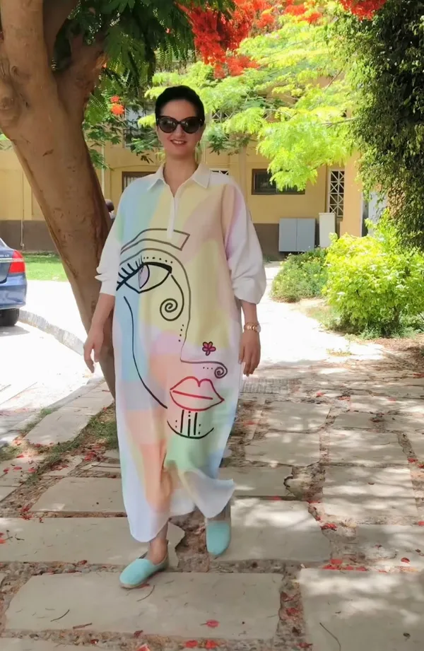 White_Linen_Cotton_Artistic_Abstract_Face_Shirt_Dress_For_Women