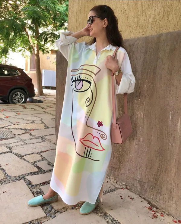 White_Linen_Cotton_Artistic_Abstract_Face_Shirt_Dress_For_Women